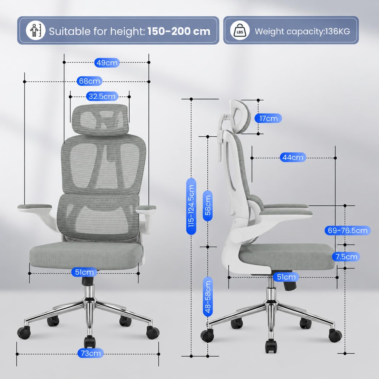 flexispot-ergonomischer-b-rostuhl-mit-2d-kopfst-tze-schreibtischstuhl-mit-klappb image 2