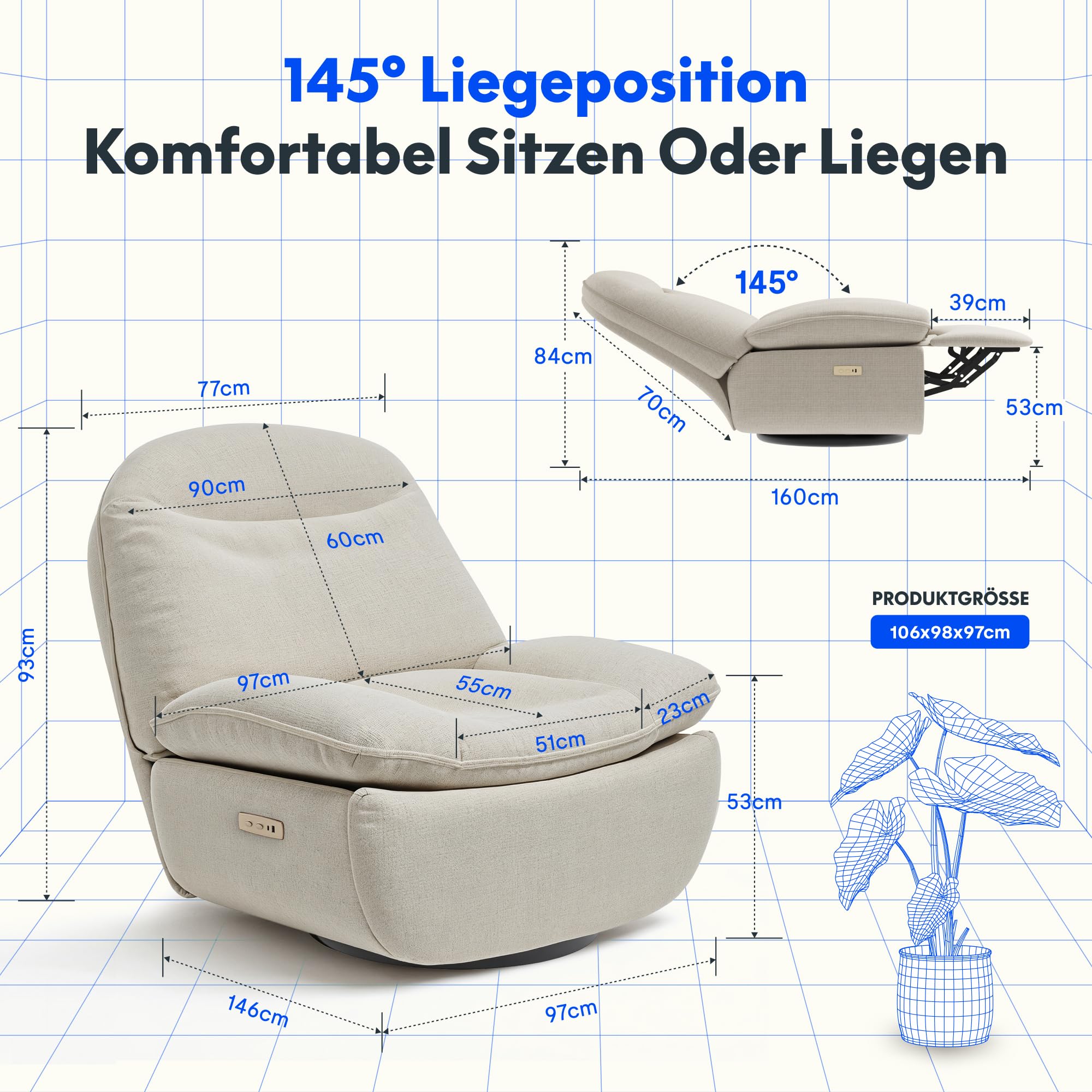 flexispot-relaxsessel-xr6-oval-elektrischer-drehsessel-fernsehsessel-mit-145-lie image 3
