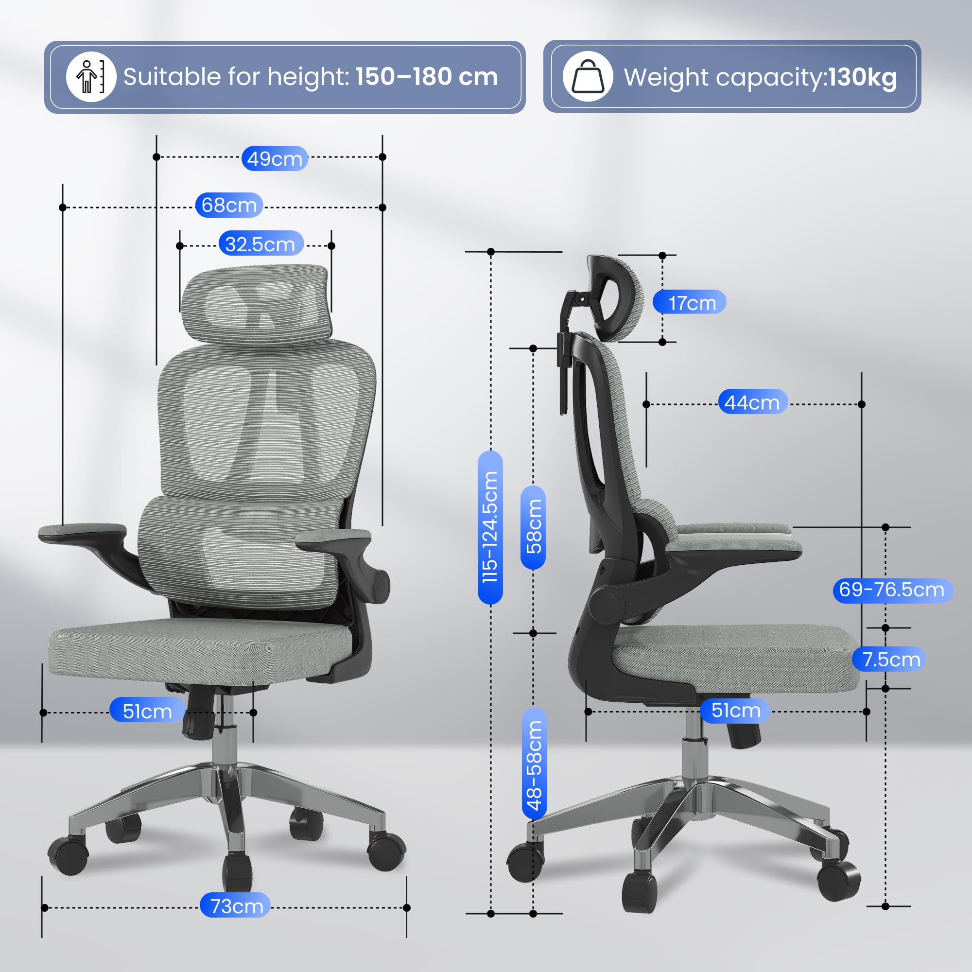 flexispot-ergonomischer-b-rostuhl-grau-schreibtischstuhl-mit-2d-kopfst-tze-klapp image 2