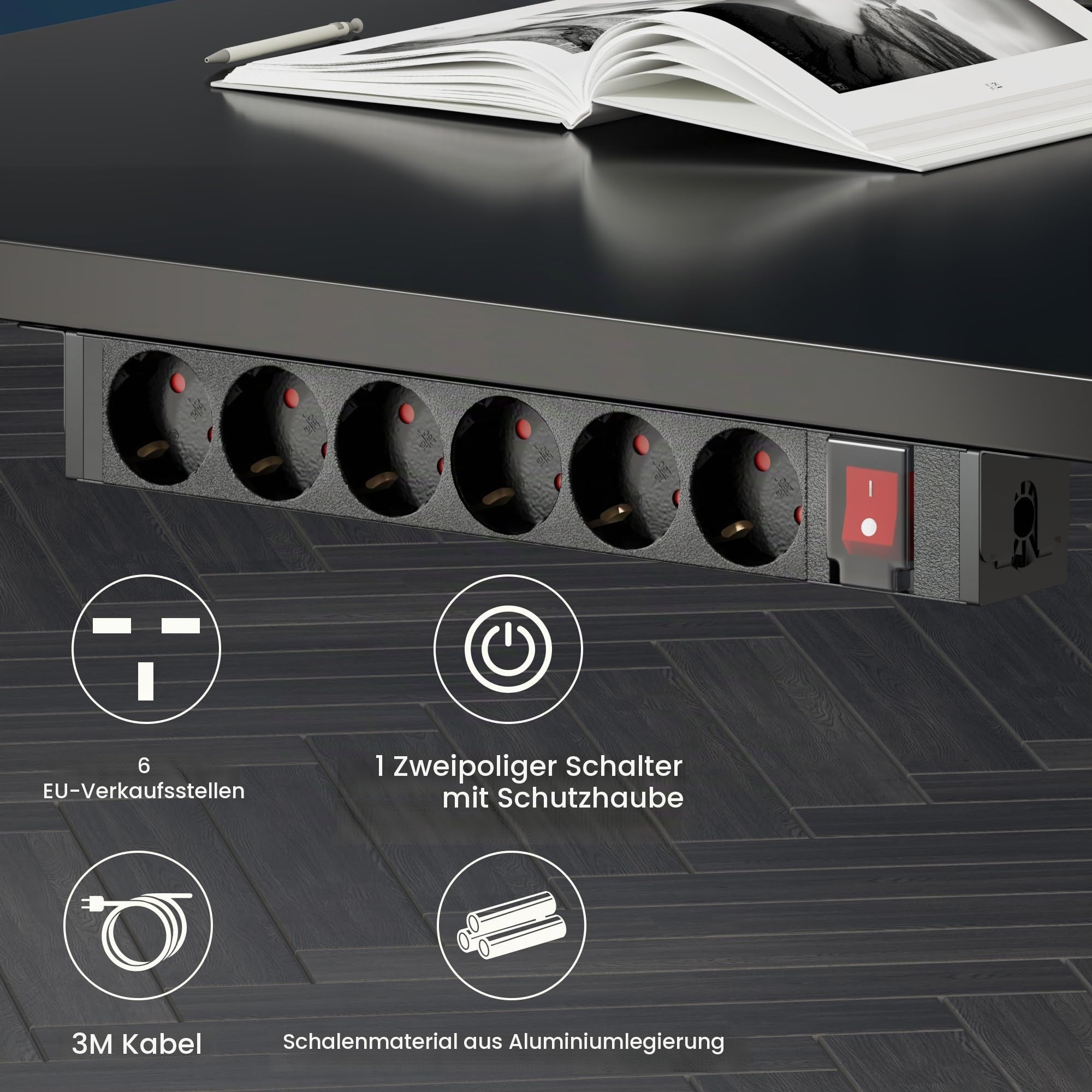 flexispot-6-fach-aluminium-steckdosenleiste-mit-schalter-3-m-kabel-16a-4000w-sch image 2